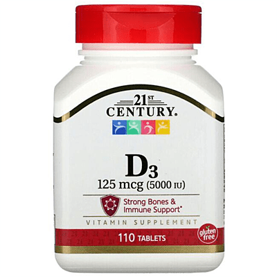 Vitamins, Vitamin D3 125MCG 5000IU, 21st Century, 110Tabs فيتامين دي ثري تركيز ٥٠٠٠, شركة سنتري ١١٠ حبة